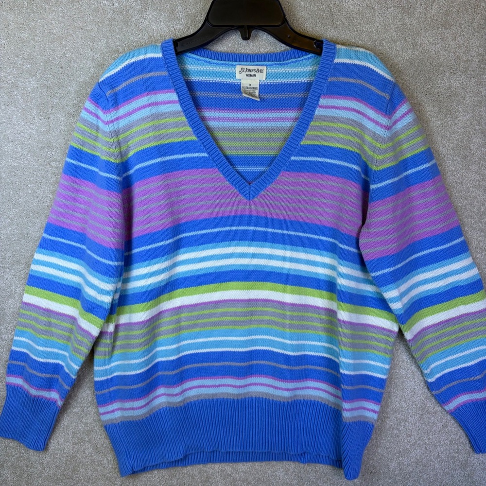 St. John's Bay V-Neck Sweater Womens 1X Blue Multi-Color Striped Cotton Blend